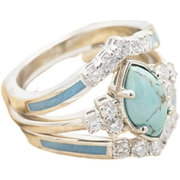 Marquise Turquoise & CZ Crystal Inlay Ring Set Stackable Bohemian Size 8 ONLY - Picture 7 of 7